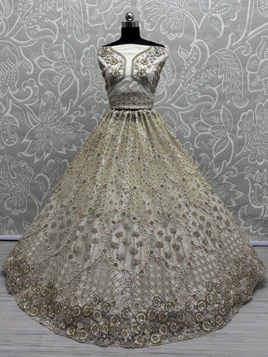 Beautiful Off - White Zircon Work Net Designer Lehenga Choli With Dupatta - Ethnic Plus In